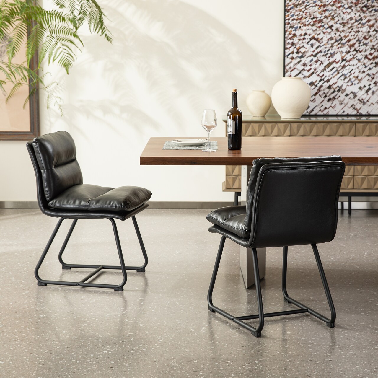 Set of 2/4 Mid-Century Modern Leatherette Solid Back Dining Chair with V-shaped Solidwood Legs